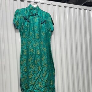 Elegant Teal Cheongsam Oriental Traditional Dress